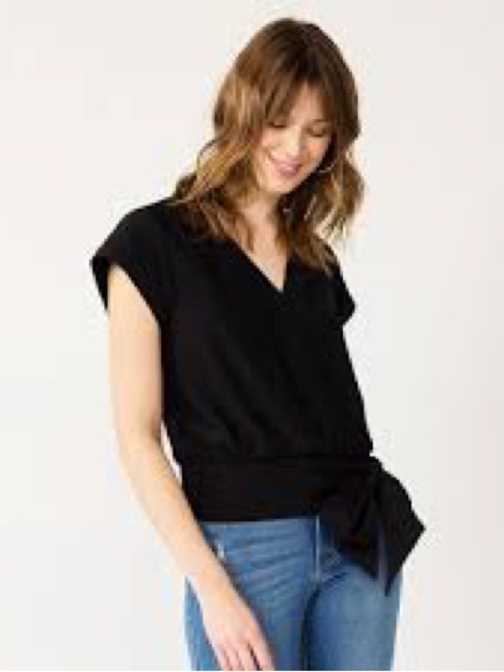 NWT Nine West M Black Tie Waist Faux Wrap Short Sleeve Blouse Smocked Hem
